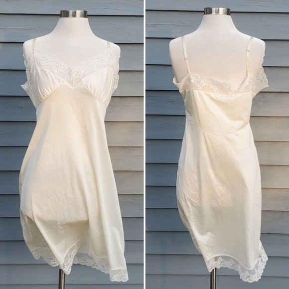 Vintage 70s White Nylon Satin Sexy Lace Trim Mini Slip Dress Chemise Nightie Lg - Picture 7 of 7